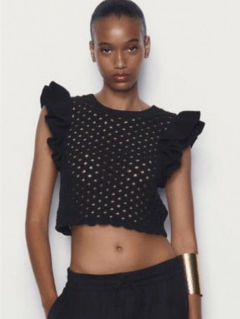 NWOT Zara Black Eyelet Crochet Ruffle Crop Top